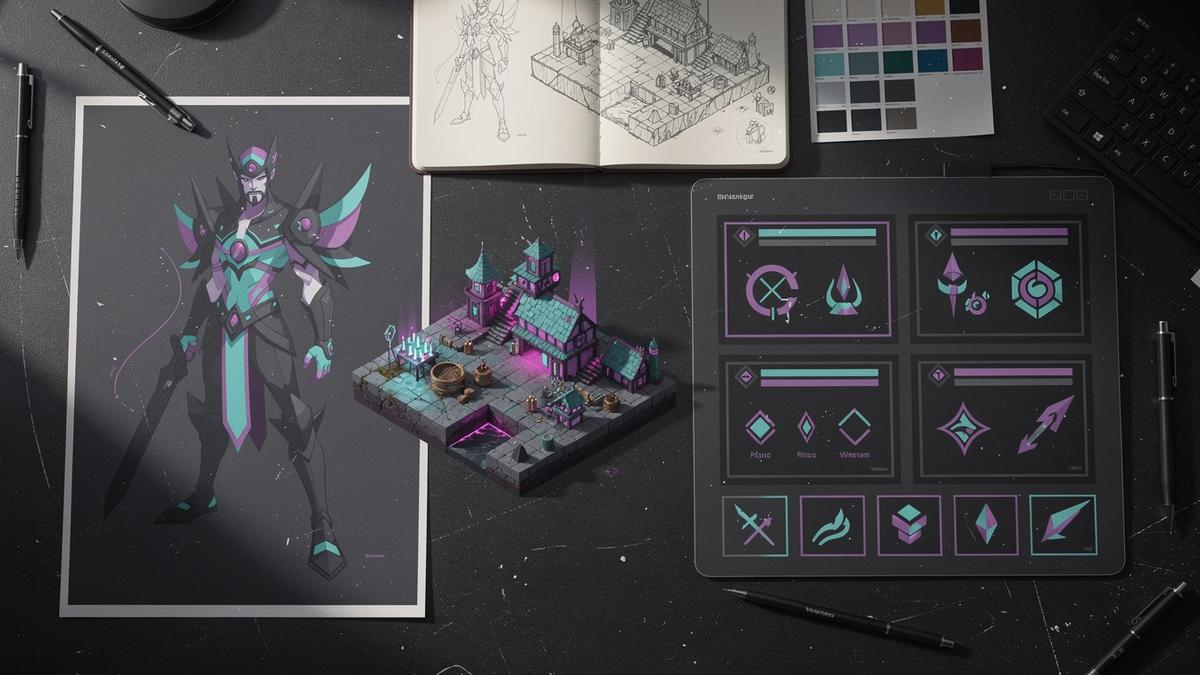 Collage de arte para videojuegos: UI, personajes estilizados y elementos de entorno